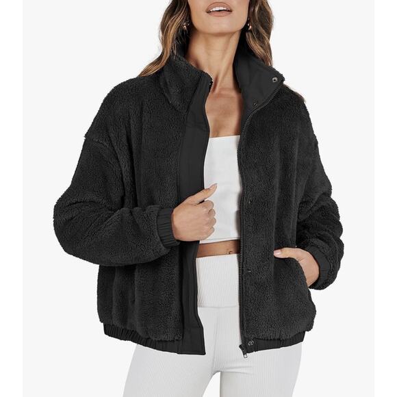 ANRABESS Womens Fleece Jacket Casual Long Sleeve Cropped Sherpa Size S - Picture 1 of 7